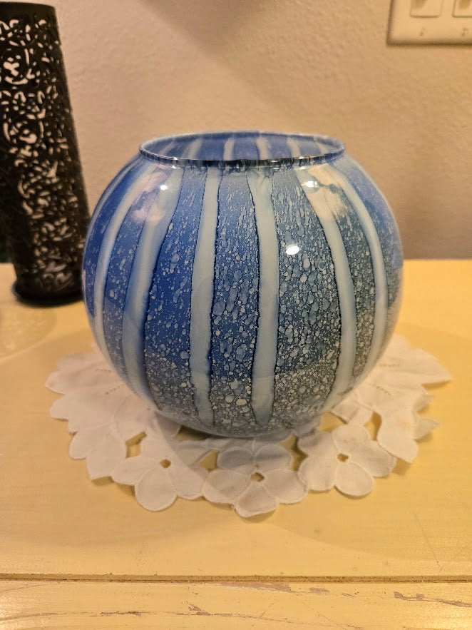 Vintage Hand-Blown Art Glass Vase – Blue & White Striped Retro Decor