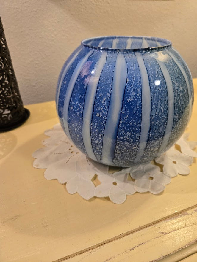 Vintage Hand-Blown Art Glass Vase – Blue & White Striped Retro Decor
