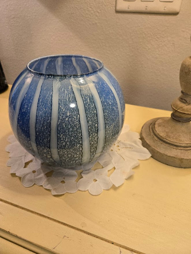 Vintage Hand-Blown Art Glass Vase – Blue & White Striped Retro Decor
