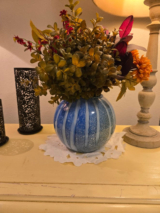 Vintage Hand-Blown Art Glass Vase – Blue & White Striped Retro Decor