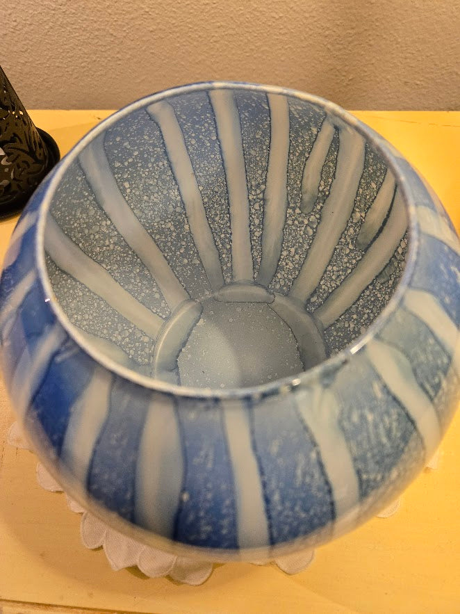 Vintage Hand-Blown Art Glass Vase – Blue & White Striped Retro Decor
