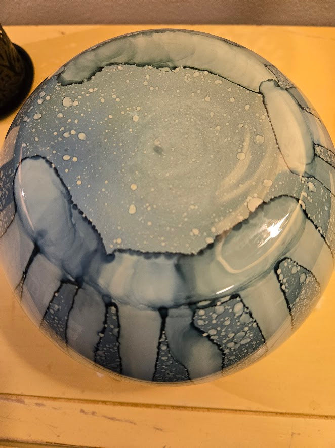 Vintage Hand-Blown Art Glass Vase – Blue & White Striped Retro Decor