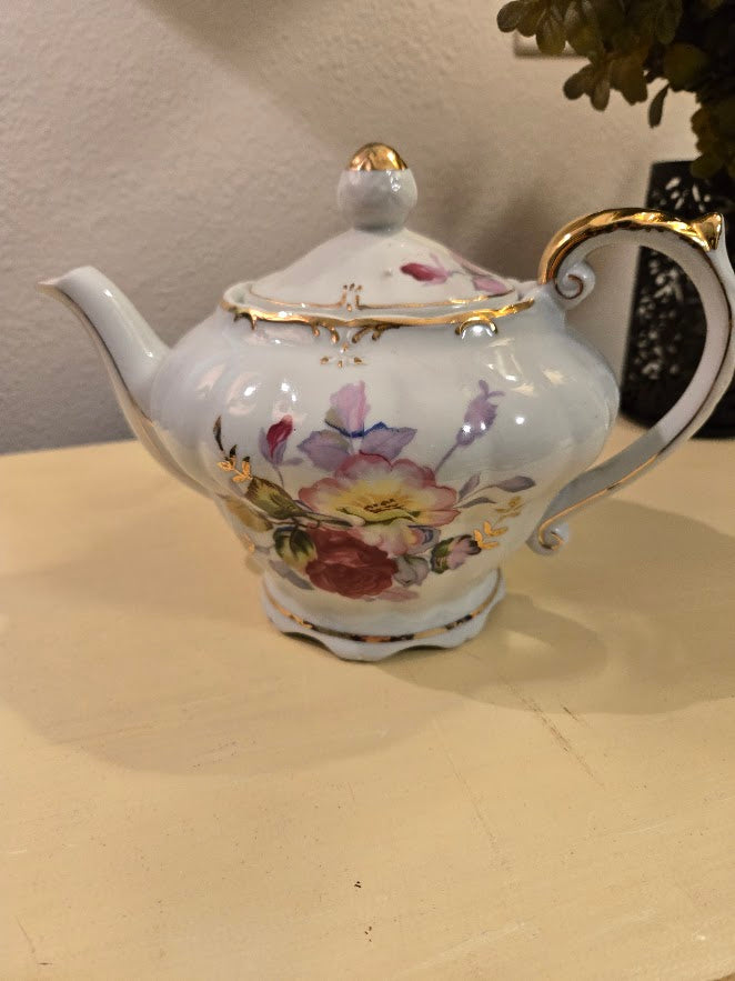 Vintage Porcelain Floral Teapot Music Box with Gold Trim