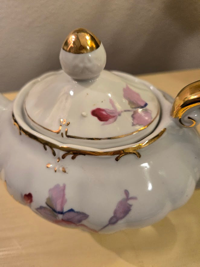 Vintage Porcelain Floral Teapot Music Box with Gold Trim
