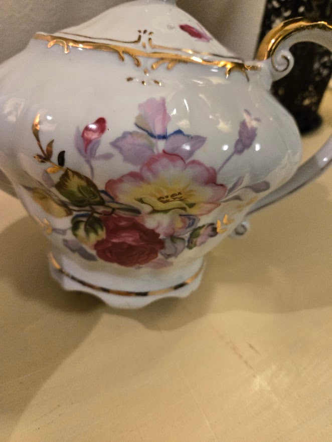 Vintage Porcelain Floral Teapot Music Box with Gold Trim