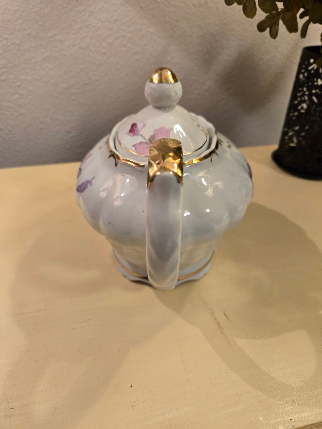 Vintage Porcelain Floral Teapot Music Box with Gold Trim