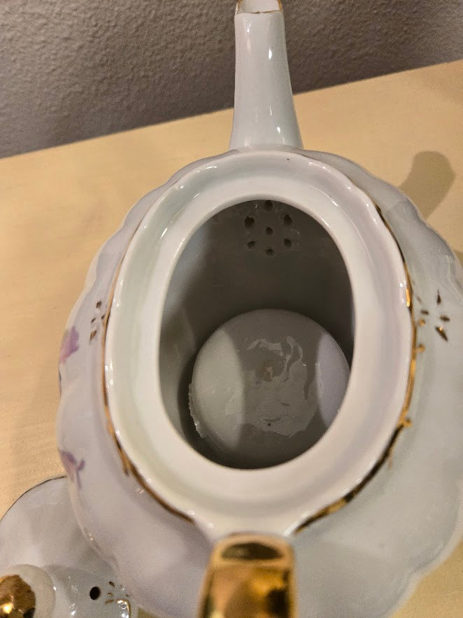 Vintage Porcelain Floral Teapot Music Box with Gold Trim