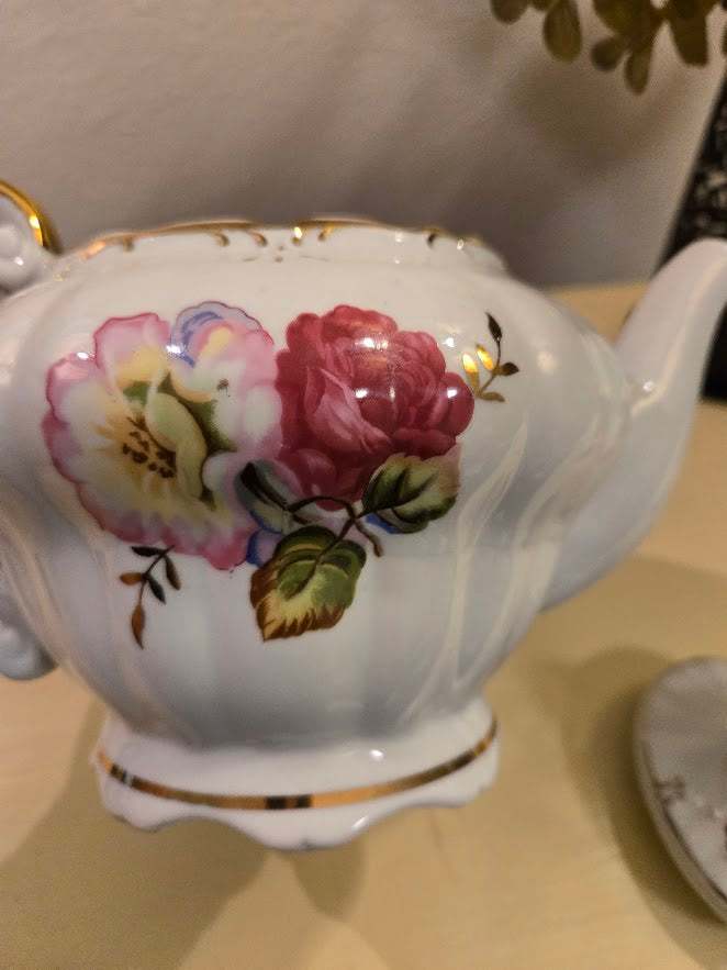 Vintage Porcelain Floral Teapot Music Box with Gold Trim