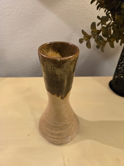 Handmade Studio Pottery Vase – Rustic Brown & Tan Bud Vase (Vintage Artisan Stoneware)