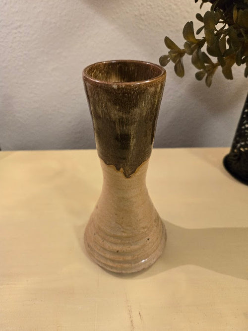 Handmade Studio Pottery Vase – Rustic Brown & Tan Bud Vase (Vintage Artisan Stoneware)