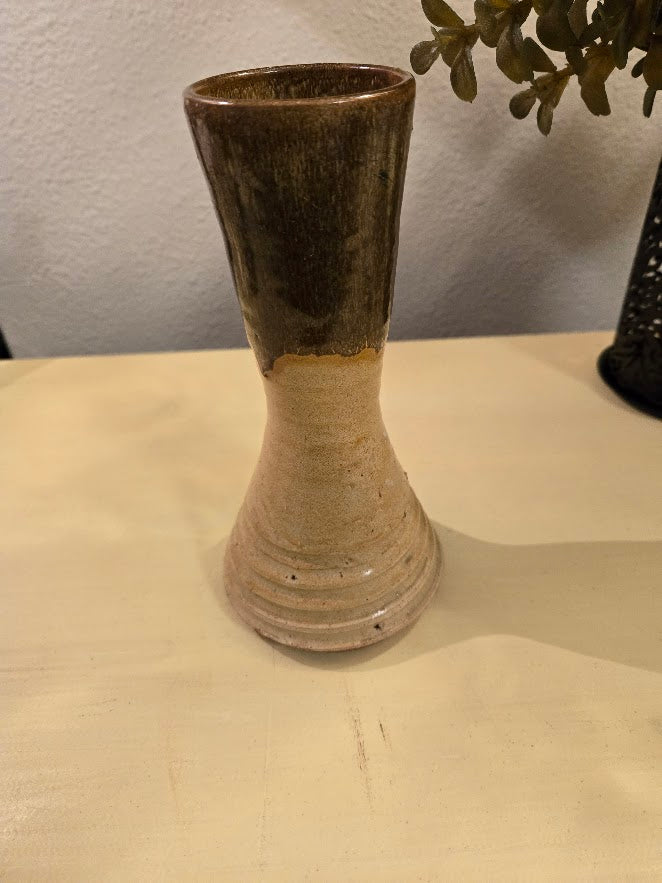 Handmade Studio Pottery Vase – Rustic Brown & Tan Bud Vase (Vintage Artisan Stoneware)