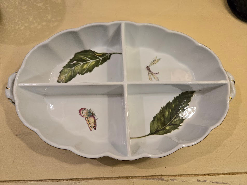 Vintage Porcelain Divided Serving Dish – Butterfly, Dragonfly & Leaf Design with Gold Trim
