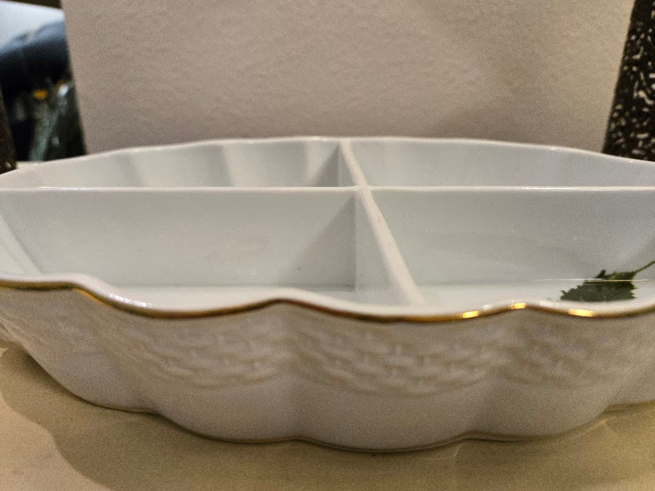 Vintage Porcelain Divided Serving Dish – Butterfly, Dragonfly & Leaf Design with Gold Trim