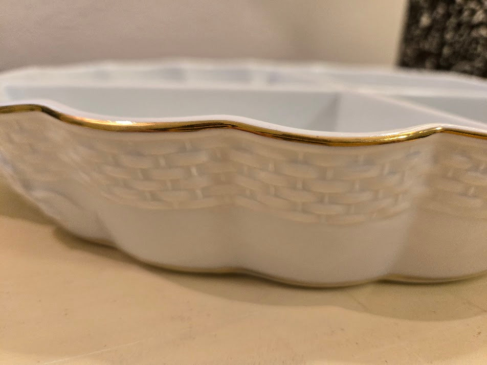Vintage Porcelain Divided Serving Dish – Butterfly, Dragonfly & Leaf Design with Gold Trim