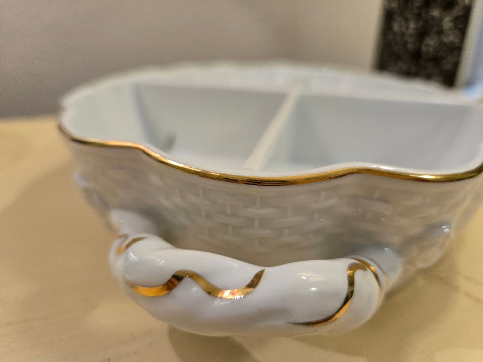 Vintage Porcelain Divided Serving Dish – Butterfly, Dragonfly & Leaf Design with Gold Trim