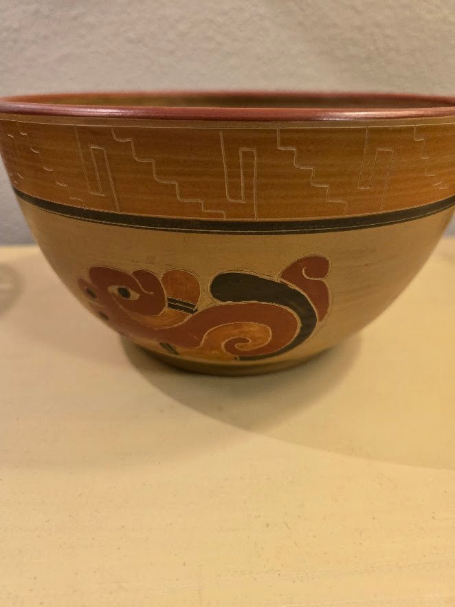 Vintage Hand-Painted Folk Pottery Set – Bowl, Cups & Saucers with Mayan-Inspired Motifs