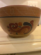 Vintage Hand-Painted Folk Pottery Set – Bowl, Cups & Saucers with Mayan-Inspired Motifs