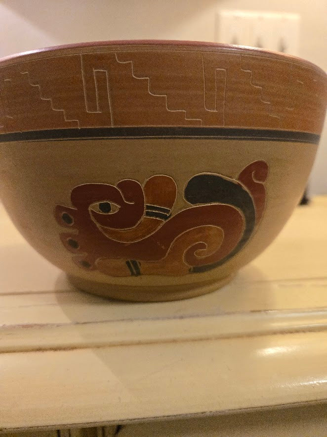 Vintage Hand-Painted Folk Pottery Set – Bowl, Cups & Saucers with Mayan-Inspired Motifs