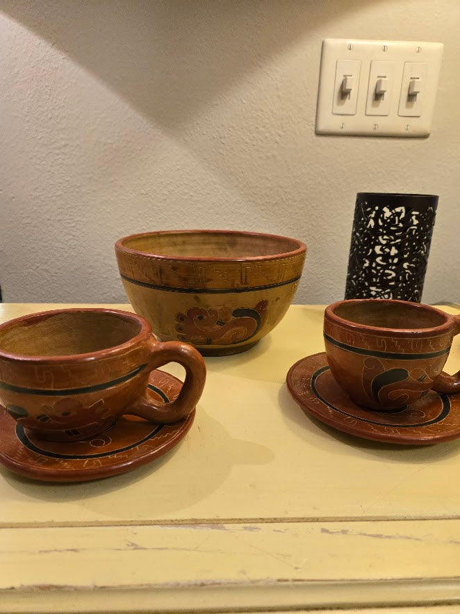 Vintage Hand-Painted Folk Pottery Set – Bowl, Cups & Saucers with Mayan-Inspired Motifs
