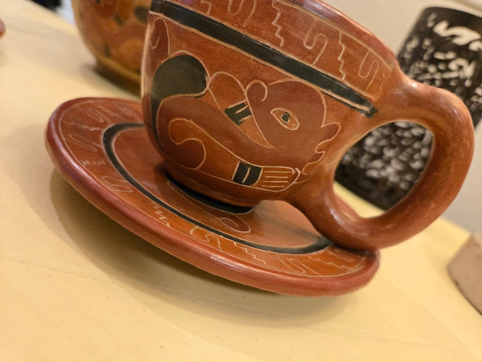 Vintage Hand-Painted Folk Pottery Set – Bowl, Cups & Saucers with Mayan-Inspired Motifs