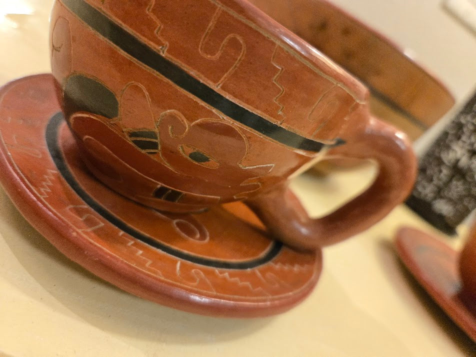 Vintage Hand-Painted Folk Pottery Set – Bowl, Cups & Saucers with Mayan-Inspired Motifs