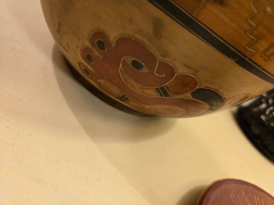 Vintage Hand-Painted Folk Pottery Set – Bowl, Cups & Saucers with Mayan-Inspired Motifs