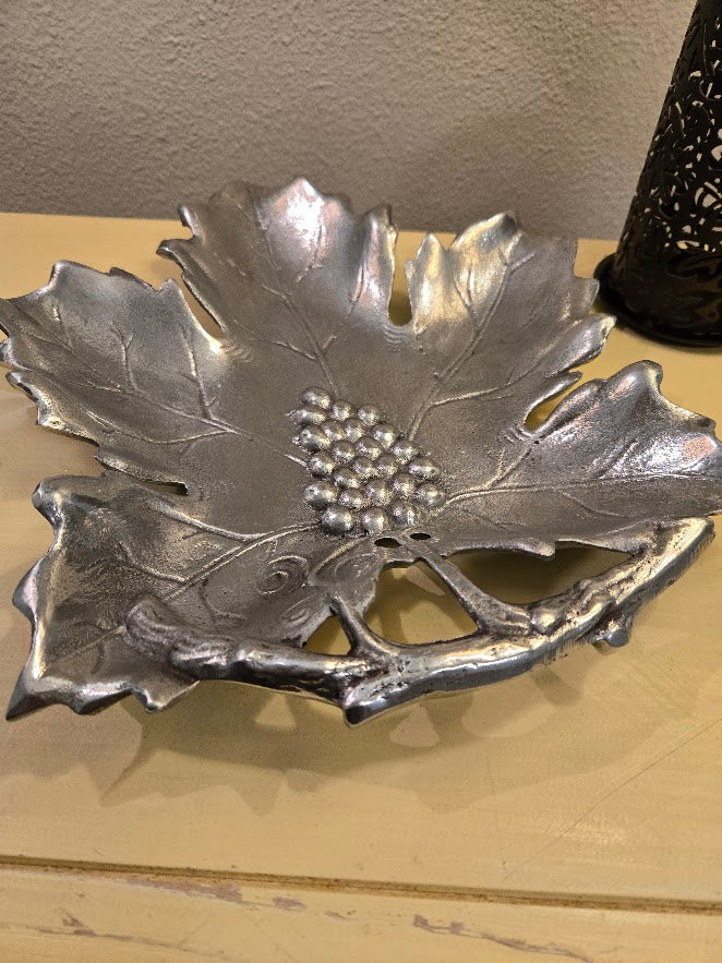 Vintage Silver-Toned Leaf & Grape Cluster Serving Dish – Made in India