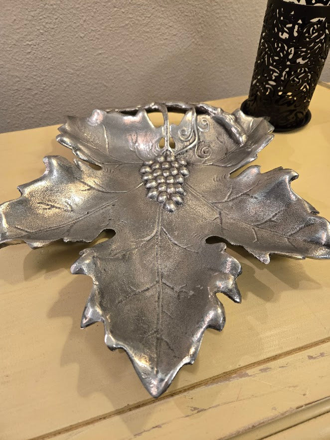 Vintage Silver-Toned Leaf & Grape Cluster Serving Dish – Made in India