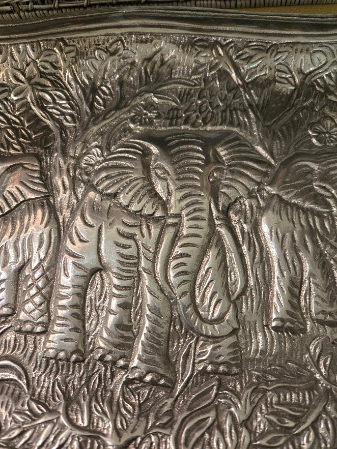 Vintage Embossed Elephant Metal Serving Tray – Large 20" Jungle Motif Platter