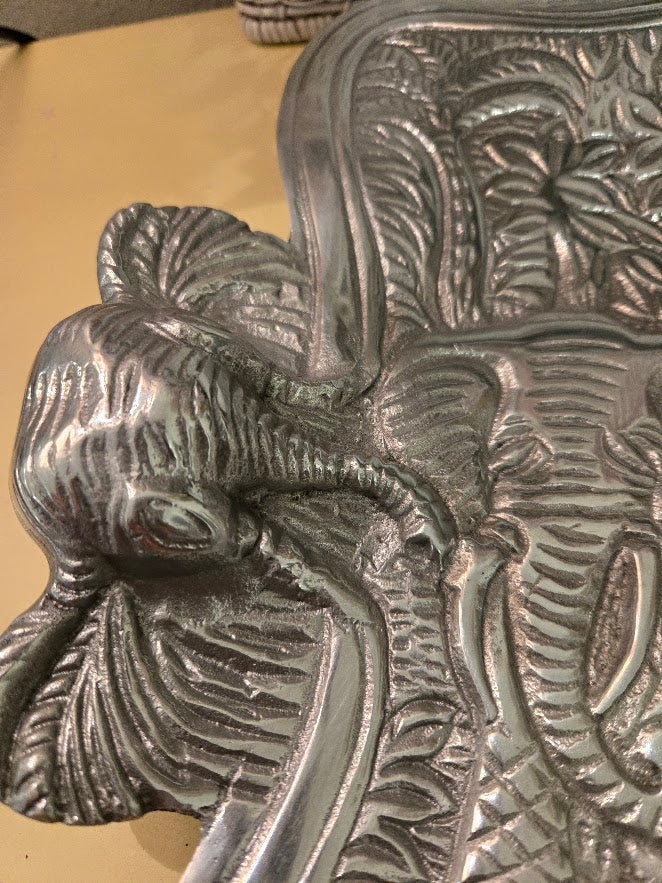 Vintage Embossed Elephant Metal Serving Tray – Large 20" Jungle Motif Platter