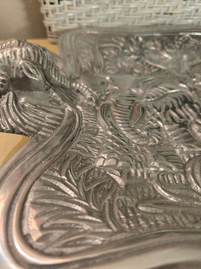 Vintage Embossed Elephant Metal Serving Tray – Large 20" Jungle Motif Platter