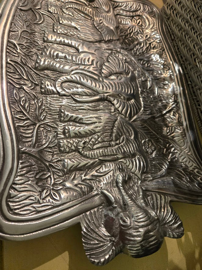 Vintage Embossed Elephant Metal Serving Tray – Large 20" Jungle Motif Platter