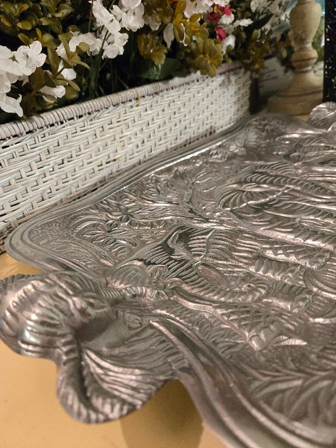 Vintage Embossed Elephant Metal Serving Tray – Large 20" Jungle Motif Platter