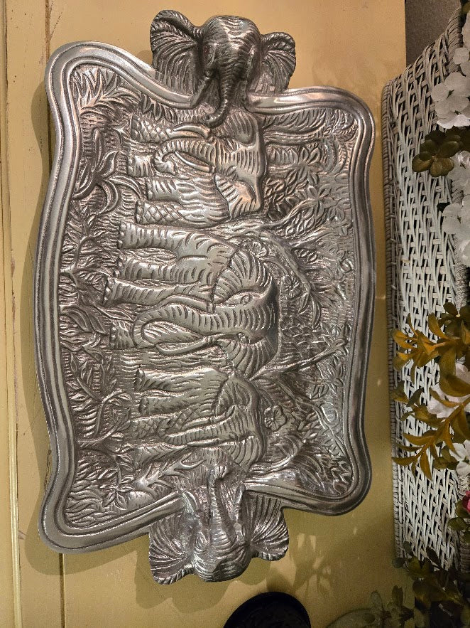 Vintage Embossed Elephant Metal Serving Tray – Large 20" Jungle Motif Platter