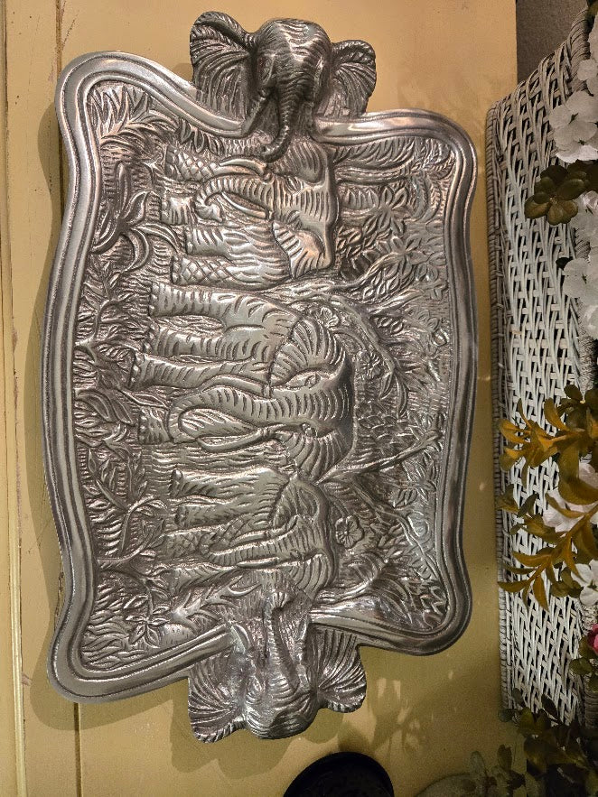 Vintage Embossed Elephant Metal Serving Tray – Large 20" Jungle Motif Platter