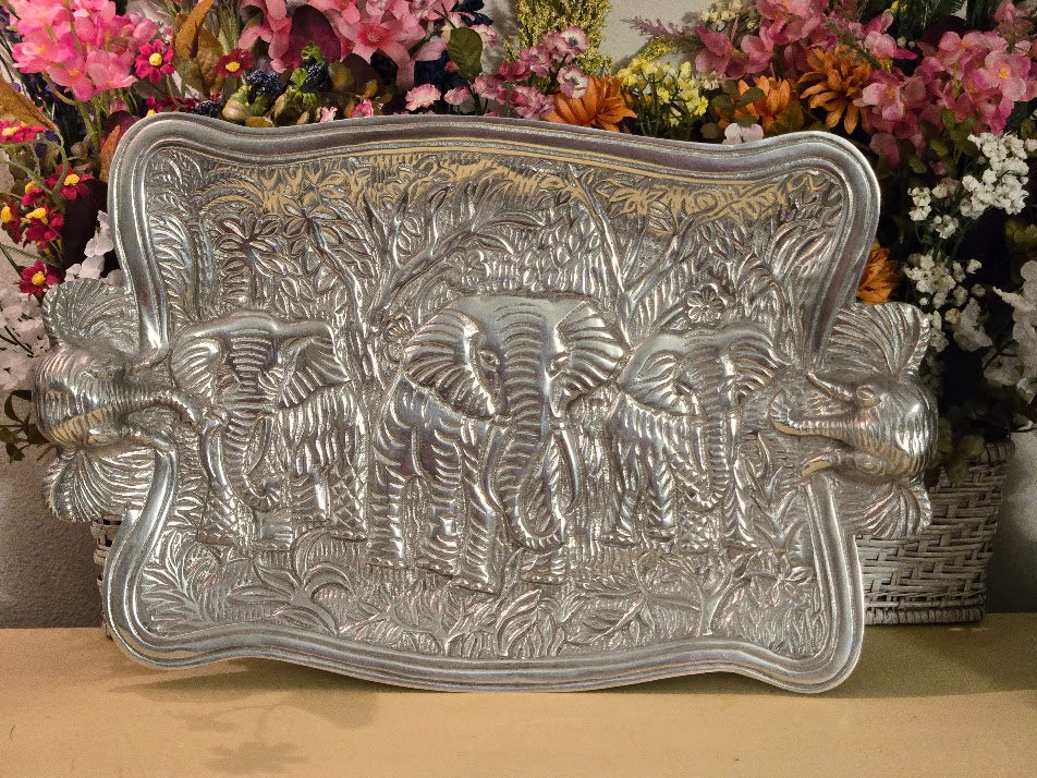 Vintage Embossed Elephant Metal Serving Tray – Large 20" Jungle Motif Platter