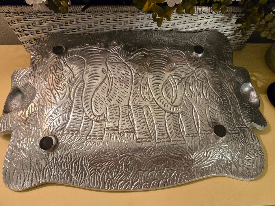 Vintage Embossed Elephant Metal Serving Tray – Large 20" Jungle Motif Platter