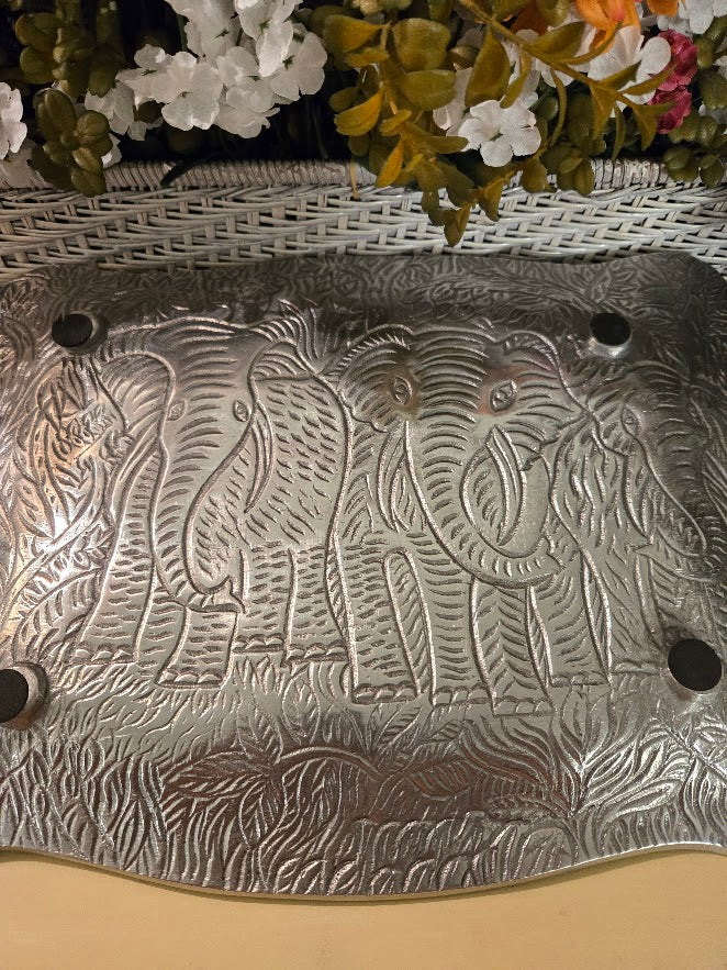 Vintage Embossed Elephant Metal Serving Tray – Large 20" Jungle Motif Platter
