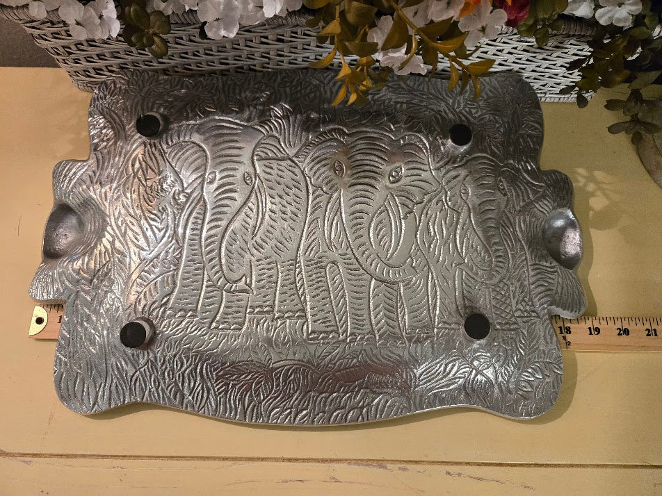 Vintage Embossed Elephant Metal Serving Tray – Large 20" Jungle Motif Platter