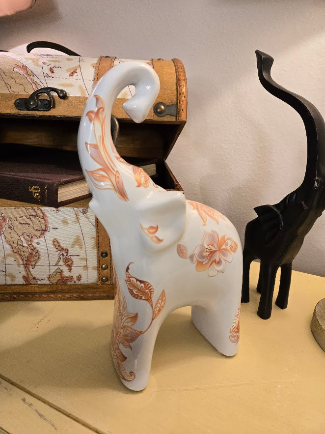 Hand-Decorated Ceramic Elephant Figurine – White with Orange Floral & Leaf Accents – One-of-a-Kind Home Decor