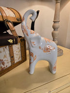 Hand-Decorated Ceramic Elephant Figurine – White with Orange Floral & Leaf Accents – One-of-a-Kind Home Decor