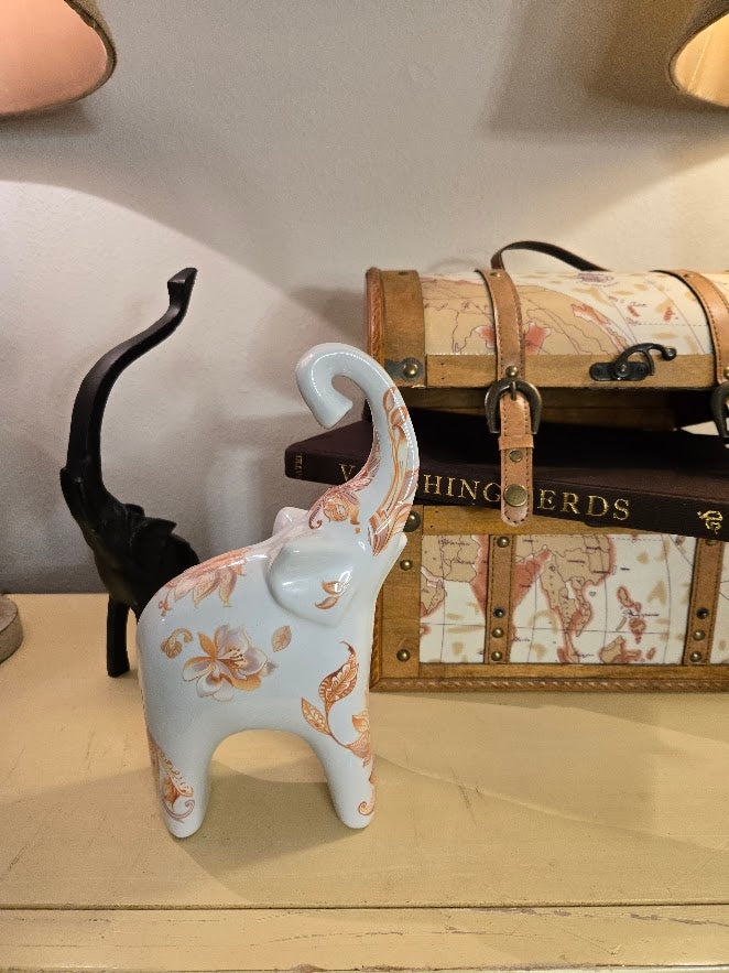 Hand-Decorated Ceramic Elephant Figurine – White with Orange Floral & Leaf Accents – One-of-a-Kind Home Decor