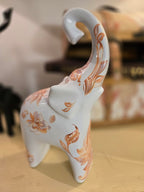 Hand-Decorated Ceramic Elephant Figurine – White with Orange Floral & Leaf Accents – One-of-a-Kind Home Decor