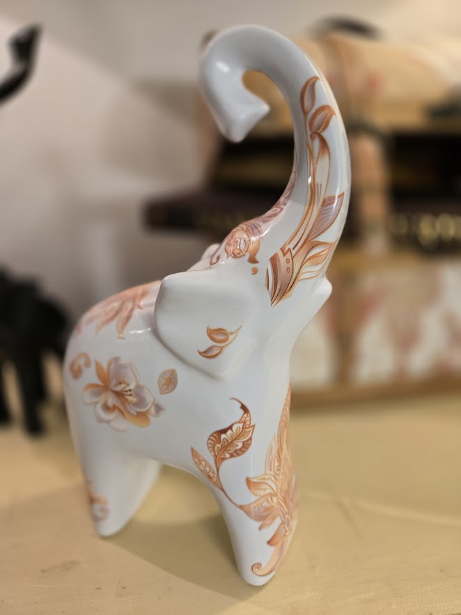 Hand-Decorated Ceramic Elephant Figurine – White with Orange Floral & Leaf Accents – One-of-a-Kind Home Decor