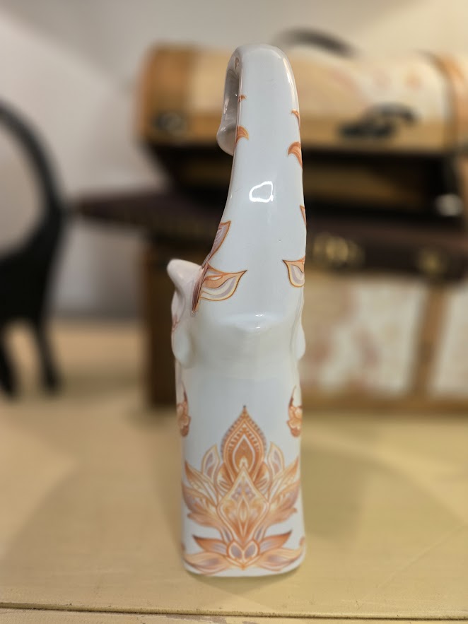 Hand-Decorated Ceramic Elephant Figurine – White with Orange Floral & Leaf Accents – One-of-a-Kind Home Decor
