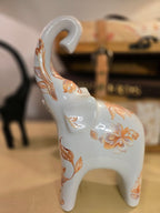 Hand-Decorated Ceramic Elephant Figurine – White with Orange Floral & Leaf Accents – One-of-a-Kind Home Decor