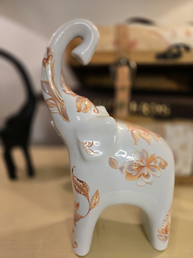 Hand-Decorated Ceramic Elephant Figurine – White with Orange Floral & Leaf Accents – One-of-a-Kind Home Decor
