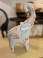 Hand-Decorated Ceramic Elephant Figurine – White with Orange Floral & Leaf Accents – One-of-a-Kind Home Decor