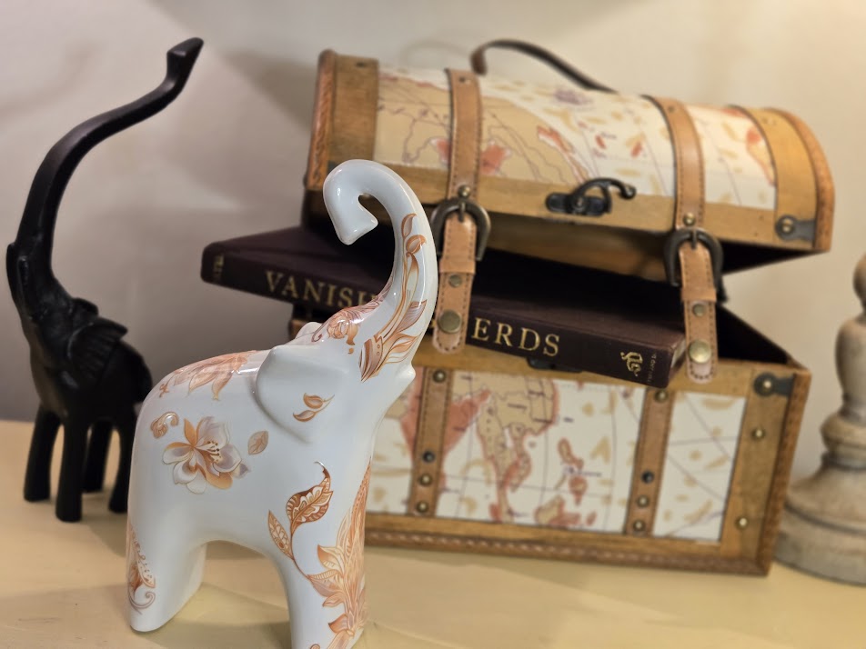 Hand-Decorated Ceramic Elephant Figurine – White with Orange Floral & Leaf Accents – One-of-a-Kind Home Decor