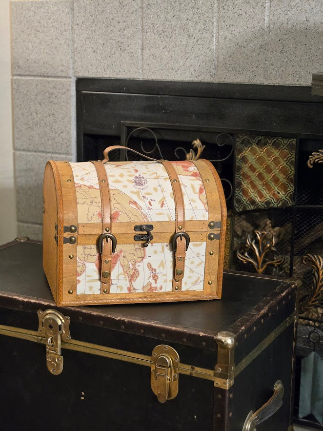 Vintage-Style Wooden Map Chest | Decorative Storage Trunk with Faux Leather Straps